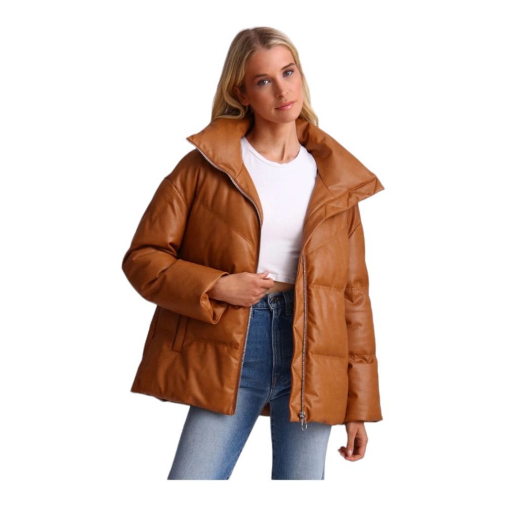 AVEC LES FILLES FAUX LEATHER QUILTED PUFFER JACKET